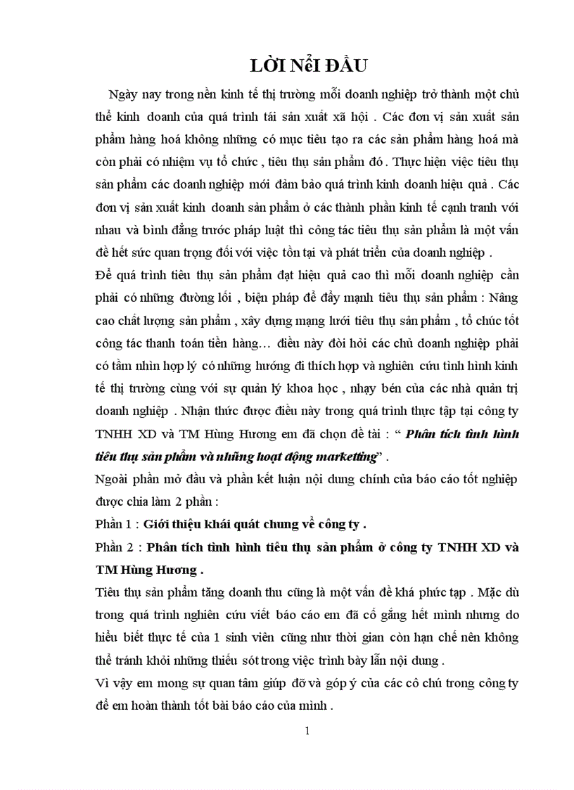 Phân tích tình hình tiêu thụ sản phẩm của công ty TNHH XD và TM Hùng Hương