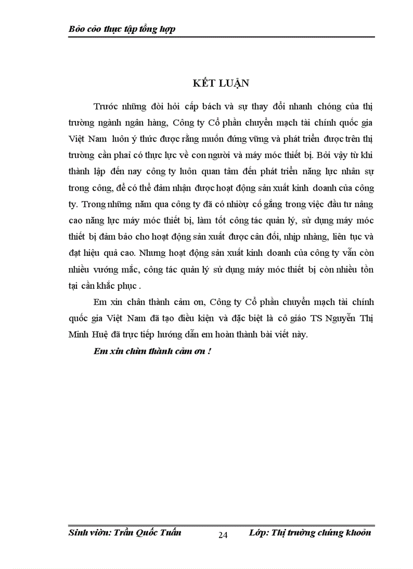 Báo cáo thực tập tại Công ty Cổ phần Chuyền mạch tài chính quốc giá Việt Nam