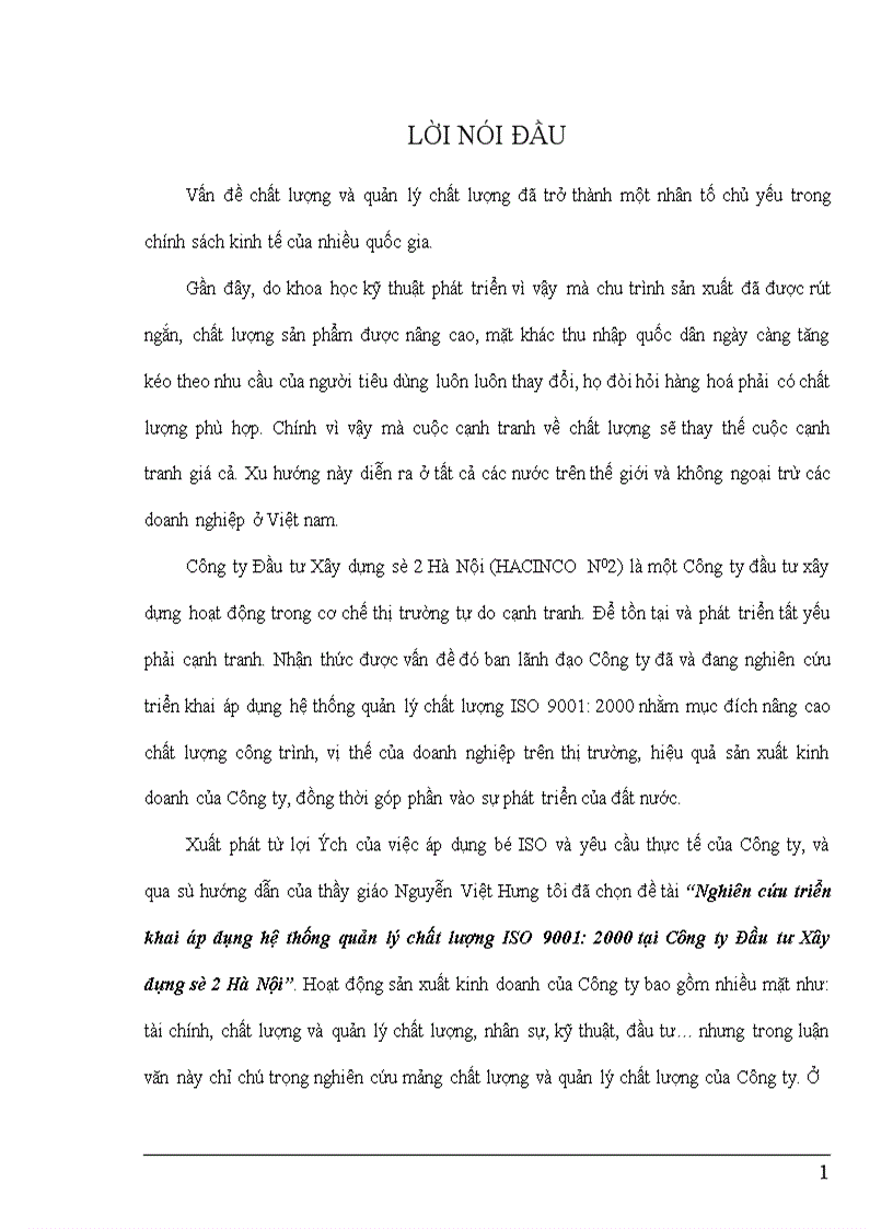 Báo cáo tổng hợp tình hình nghiên cứu triển khai áp dụng hệ thống quản lý chất lượng ISO 9001 2000 tại Công ty Đầu tư Xây dựng số 2 Hà Nội
