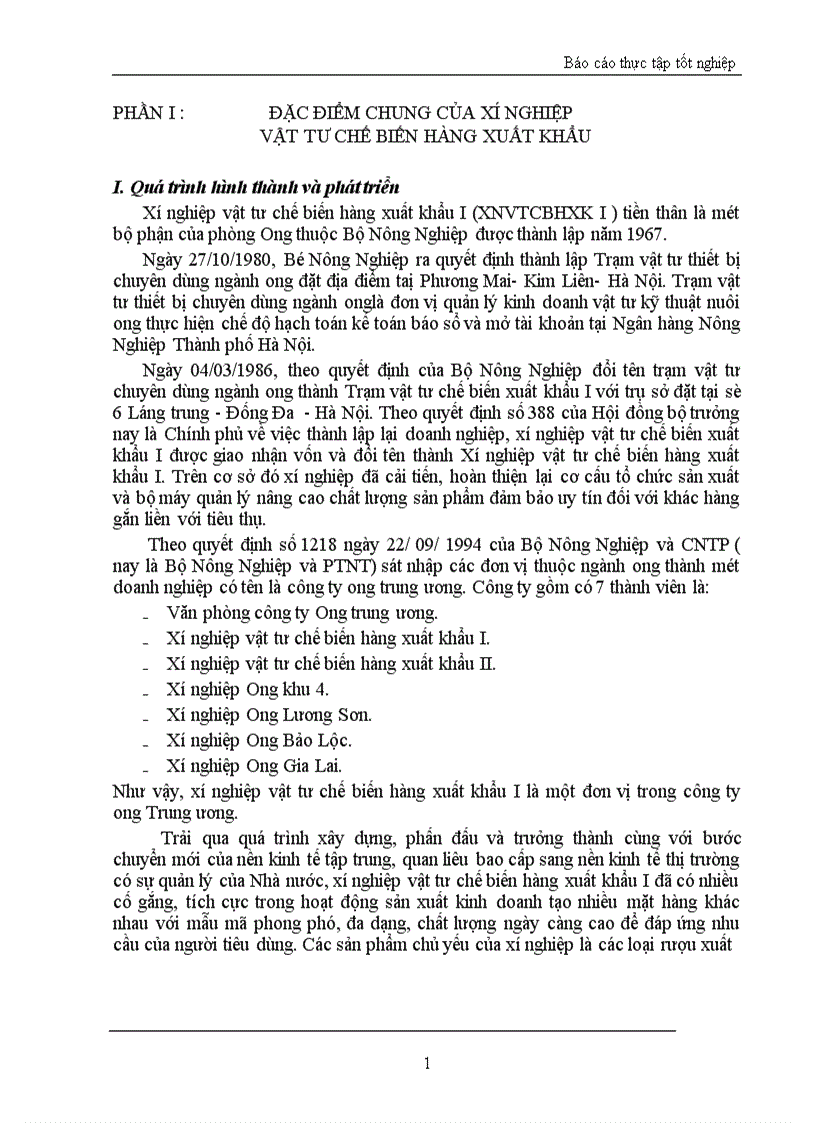 Báo cáo thực tập tổng hợp tại Xí nghiệp vật tư chế biến hàng xuất khẩu I