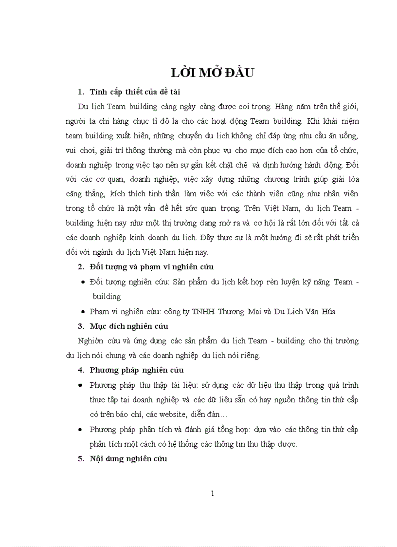 Thực trạng và giải pháp nhằm phát triển sản phẩm du lịch kết hợp rèn luyện kỹ năng teambuilding tại công ty Thương Mại và Du Lịch Văn Hóa