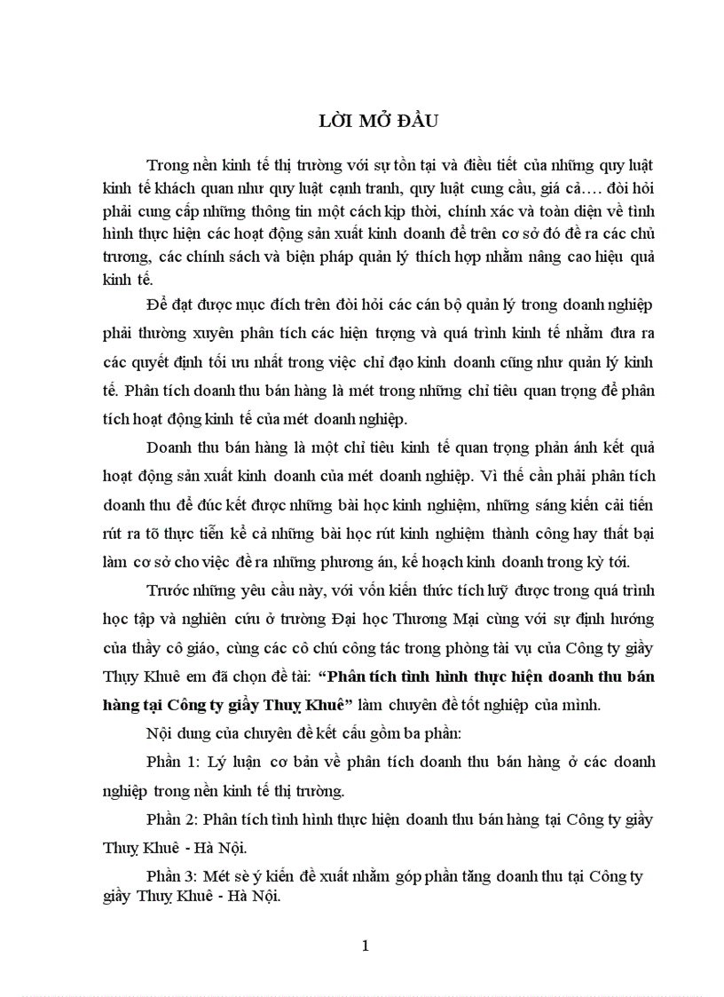 Phân tích tình hình thực hiện doanh thu bán hàng tại Công ty giầy Thuỵ Khuê 1