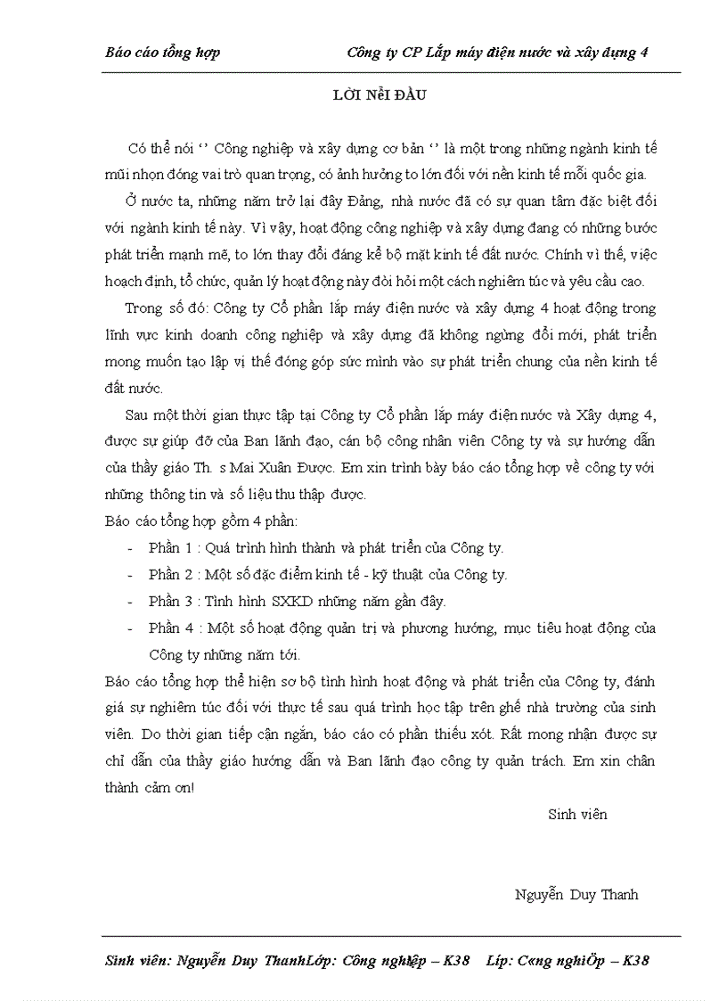 Báo cáo tổng hợp tại Công ty CP Lắp máy điện nước và xây dựng 4