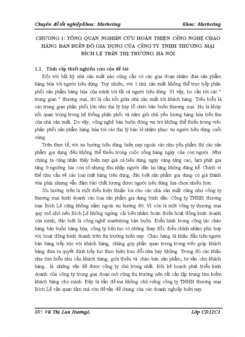 Hoàn thiện công nghệ chào hàng bán buôn đồ gia dụng của công ty TNHH thương mại Bích Lệ trên thị trường Hà Nội 1