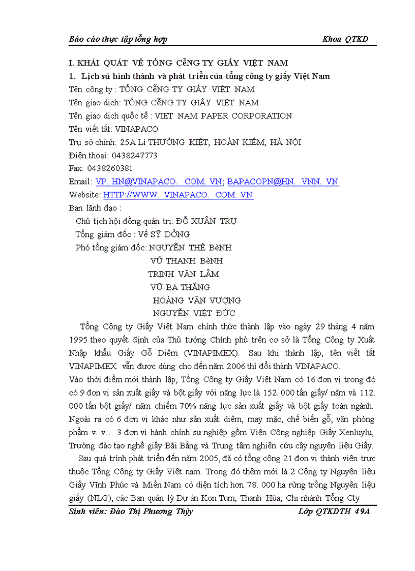 Báo cáo thực tập tổng hợp tại tổng công ty giấy Việt Nam