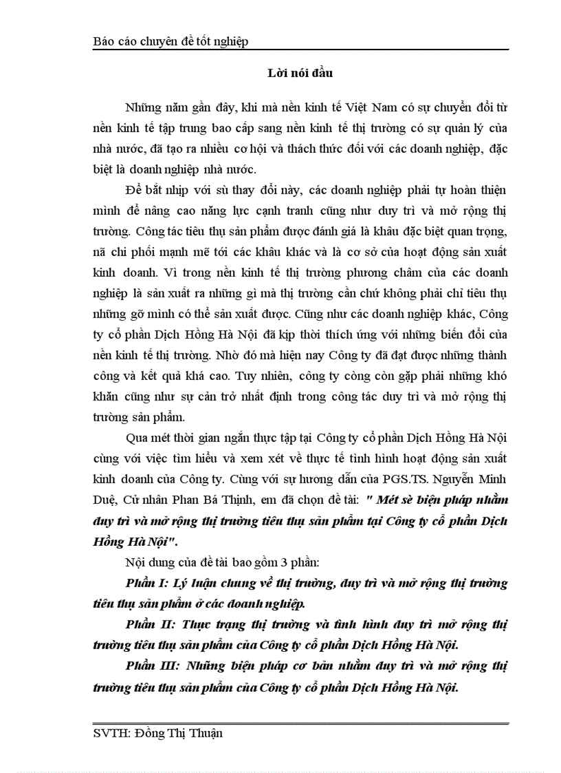 Một số biện pháp nhằm duy trì và mở rộng thị trường tiêu thụ sản phẩm tại Công ty cổ phần Dịch Hồng Hà Nội