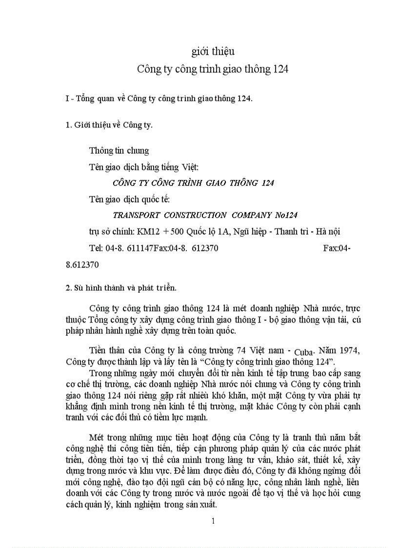 Báo cáo thực tập tại Công ty công trình giao thông 124