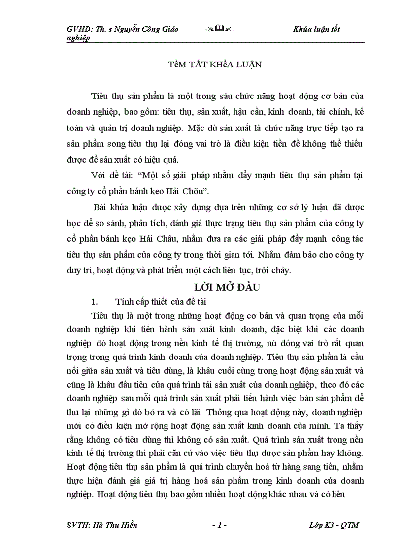 Một số giải pháp nhằm đẩy mạnh tiêu thụ sản phẩm tại công ty cổ phần bánh kẹo Hải Châu 1
