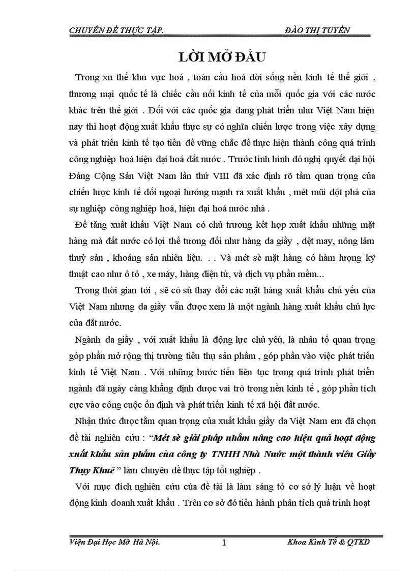 Một số giải pháp nhằm nâng cao hiệu quả hoạt động xuất khẩu sản phẩm của công ty TNHH Nhà Nước một thành viên Giầy Thụy Khuê