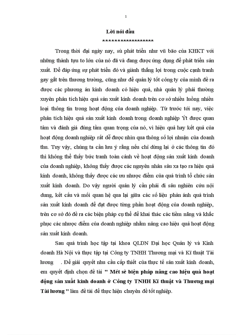 Một số biện pháp nâng cao hiệu quả hoạt động sản xuất kinh doanh ở Công ty TNHH Kĩ thuật và Thương mại Tài lương 1