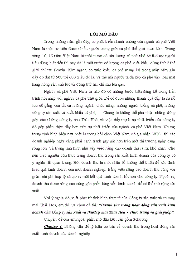 Doanh thu trong hoạt động sản xuất kinh doanh của Công ty sản xuất và thương mại Thái Hoà Thực trạng và giải pháp 1