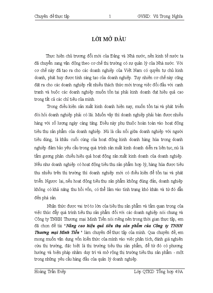 Nâng cao hiệu quả tiêu thụ sản phẩm của Công ty TNHH Thương mại Minh Tiến 1