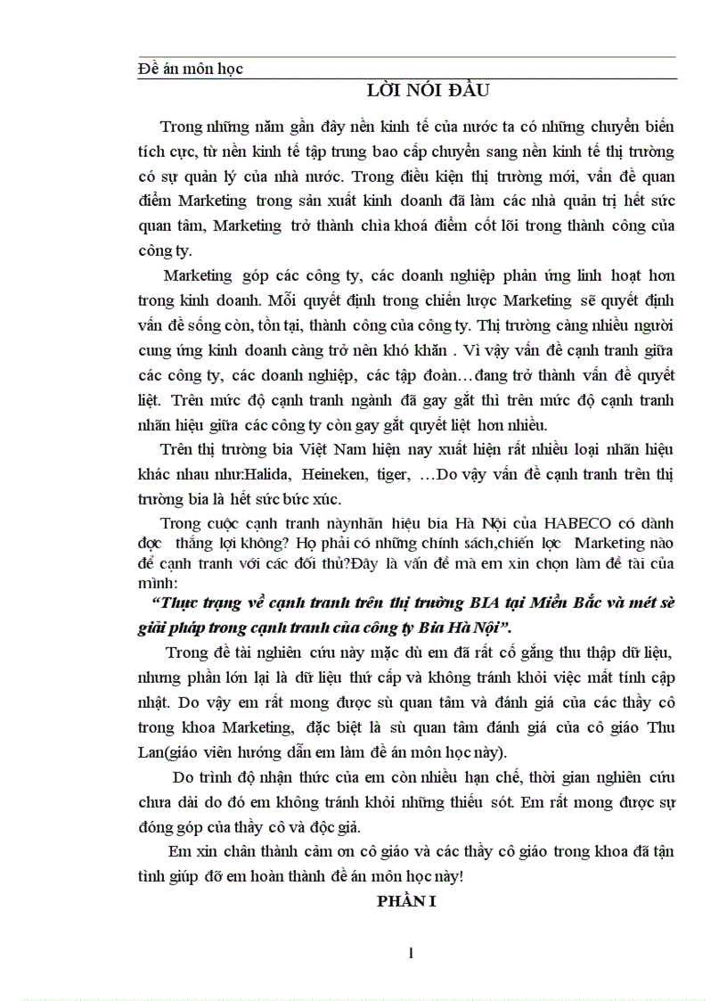 Thực trạng về cạnh tranh trên thị trường BIA tại Miền Bắc và một số giải pháp trong cạnh tranh của công ty Bia Hà Nội 1