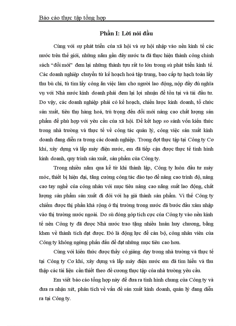 Báo cáo Thực tập tổng hợp Công ty Cơ khí xây dựng và lắp máy điện nước