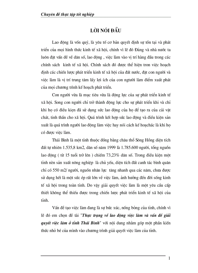 Thực trạng về lao động việc làm và vấn đề giải quyết việc làm ở tỉnh Thái Bình