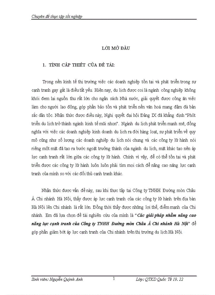 Các giải pháp nhằm nâng cao năng lực cạnh tranh của Công ty TNHH Đường mòn Châu Á Chi nhánh Hà Nội 1