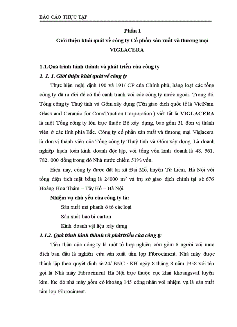 Báo cáo thực tập tổng hợp tại Công ty Cổ phần sản xuất và thương mại VIGLACERA