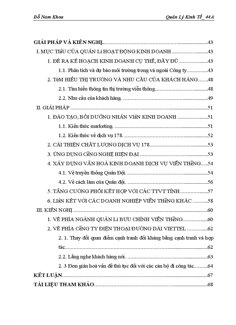 Giải pháp nâng cao chất lượng quản lý hoạt động kinh doanh ở Công ty điện thoại đường dài Viettel