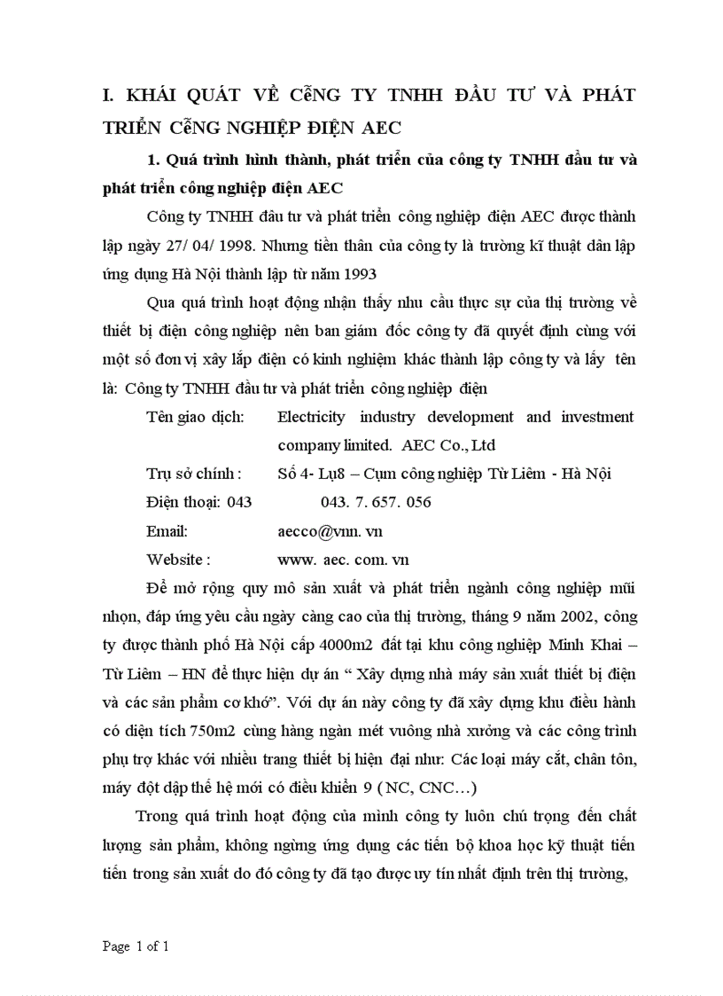 báo cáo thực tập tổng hợp tại công ty tnhh đầu tư và phát triển công nghiệp điện aec