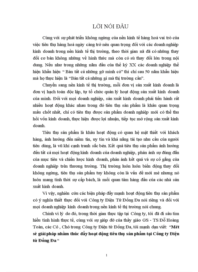 Một số giải pháp nhằm thúc đẩy hoạt động tiêu thụ sản phẩm tại Công ty Điện tử Đống Đa 1