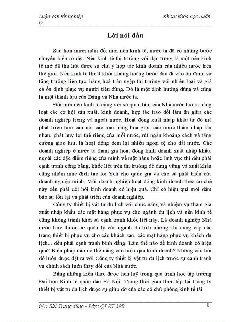 Một số biện pháp góp phần nâng cao hiệu quả kinh doanh xuất nhập khẩu tại Công ty thiết bị vật tư du lịch 1