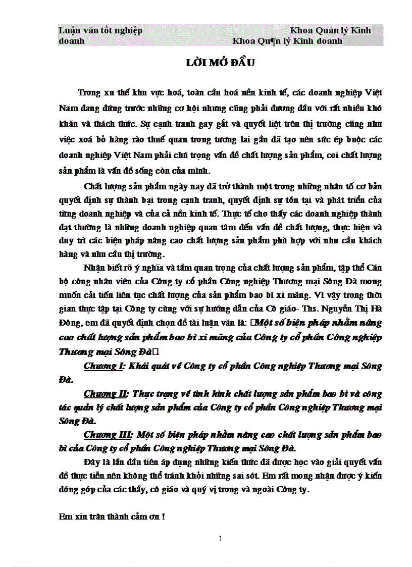 Một số biện pháp nhằm nâng cao chất lượng sản phẩm của công ty cổ phần Công nghiệp và thương mại sông đà