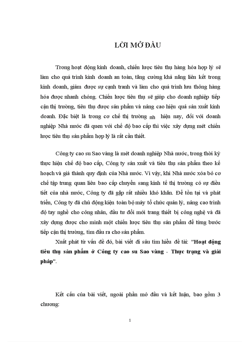 Hoạt động tiêu thụ sản phẩm ở Công ty cao su Sao vàng Thực trạng và giải pháp 1