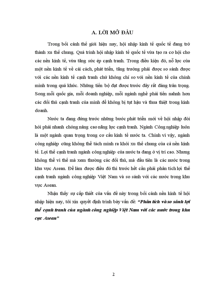 Phân tích và so sánh lợi thế cạnh tranh của ngành công nghiệp Việt Nam với các nước trong khu cực Asean