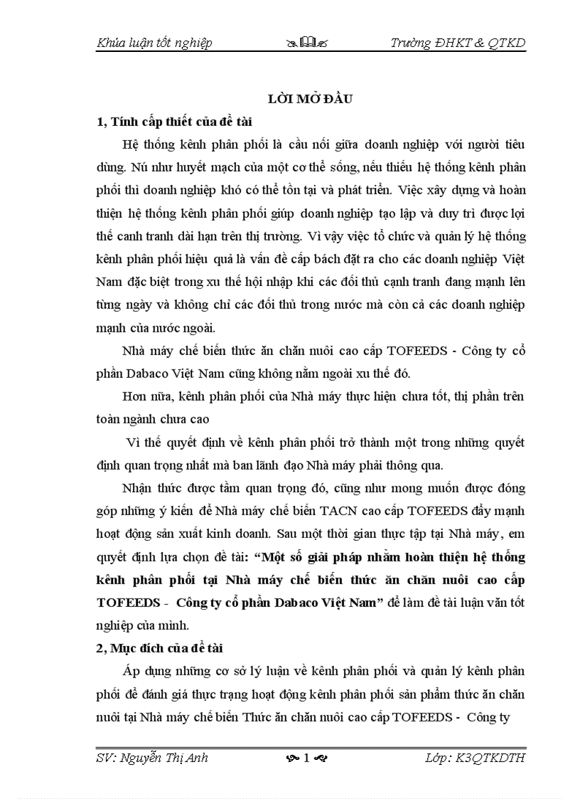 Một số giải pháp nhằm hoàn thiện hệ thống kênh phân phối tại Nhà máy chế biến thức ăn chăn nuôi cao cấp TOFEEDS Công ty cổ phần Dabaco Việt Nam