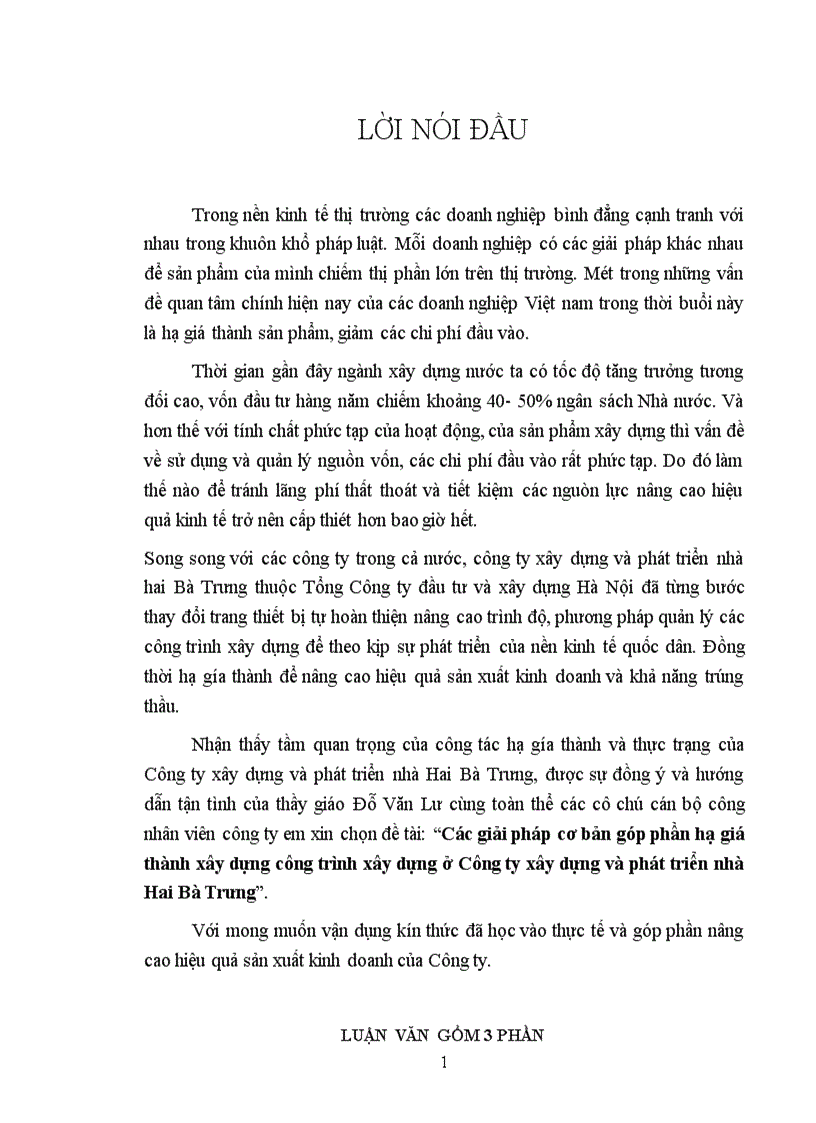 Các giải pháp cơ bản góp phần hạ giá thành xây dựng công trình xây dựng ở Công ty xây dựng và phát triển nhà Hai Bà Trưng 1