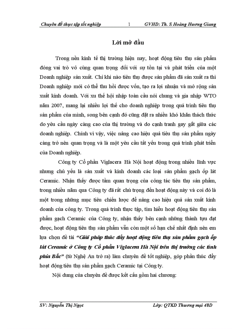 Giải pháp thúc đẩy hoạt động tiêu thụ sản phẩm gạch ốp lát Ceramic ở Công ty Cổ phần Viglacera Hà Nội trên thị trường các tỉnh phía Bắc 1