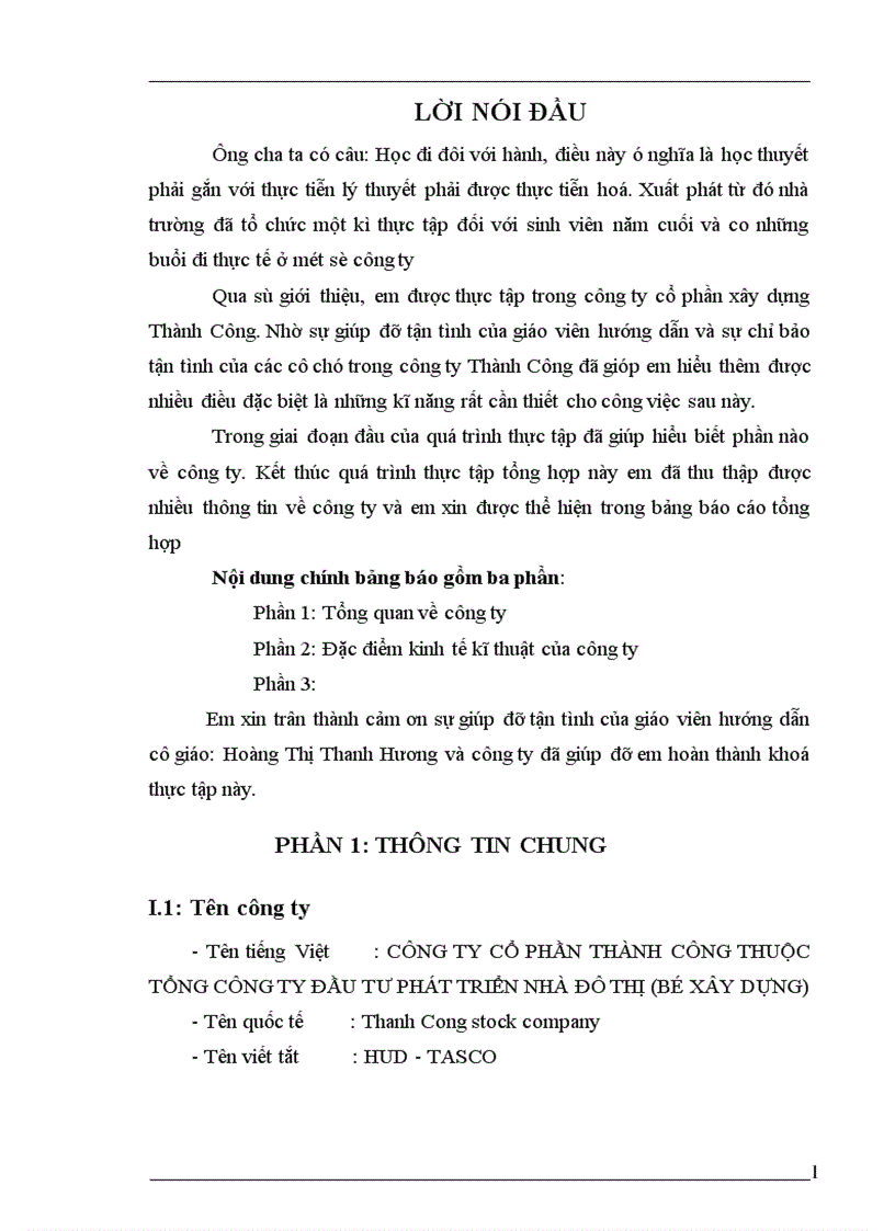 Báo cáo thực tập tổng hợp tại Công ty cổ phần Thành Công thuộc tổng công ty đầu tư phát triển nhà đô thị