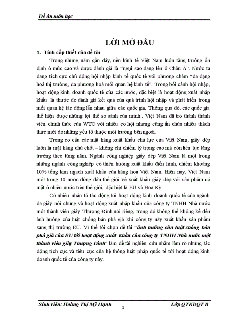 Ảnh hưởng của luật chống bán phá giá của EU tới hoạt động xuất khẩu của công ty TNHH Nhà nước một thành viên giày Thượng Đình