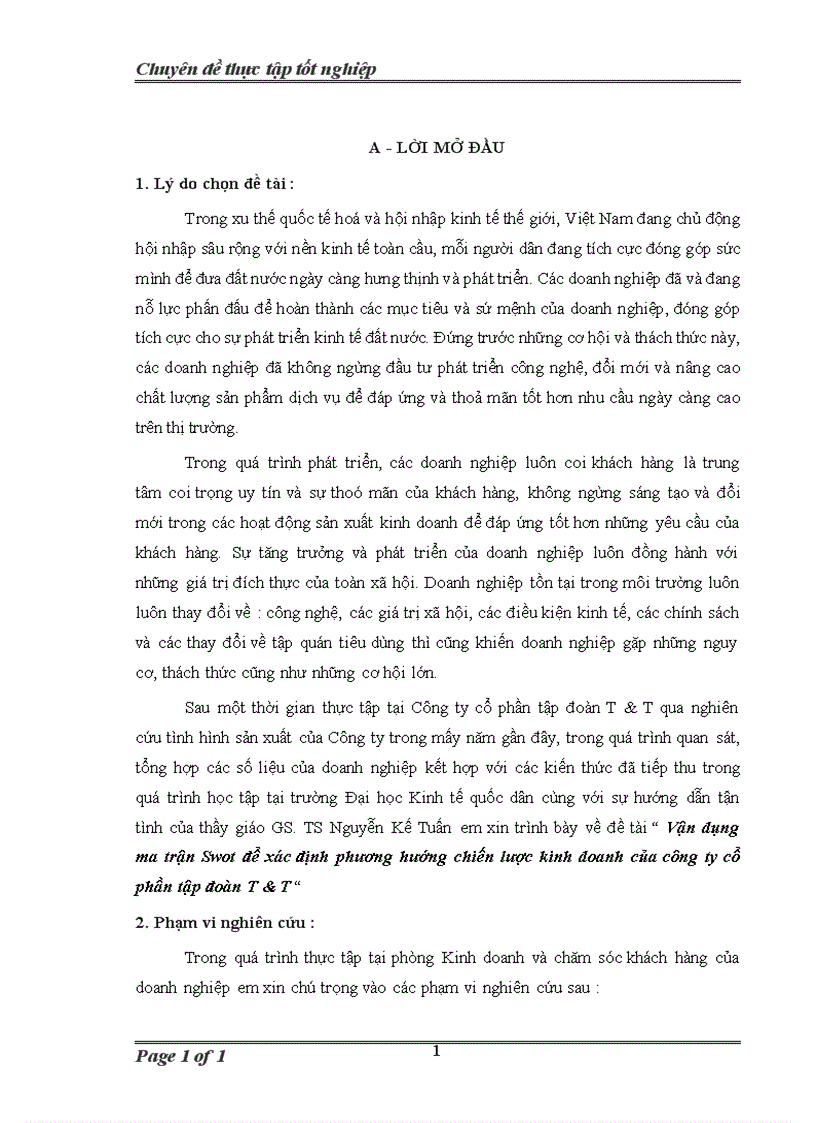 Vận dụng ma trận Swot để xác định phương hướng chiến lược kinh doanh của công ty cổ phần tập đoàn T T