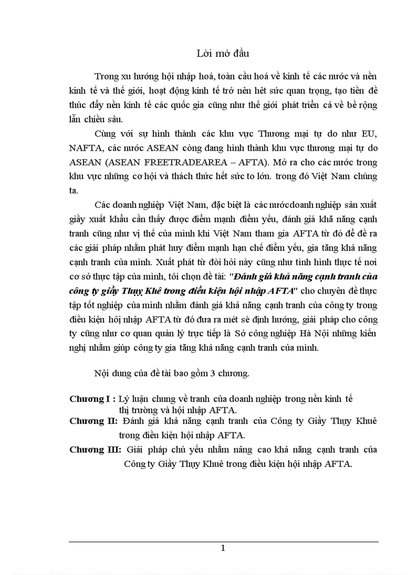 Đánh giá khả năng cạnh tranh của công ty giầy Thụỵ Khê trong điều kiện hội nhập AFTA