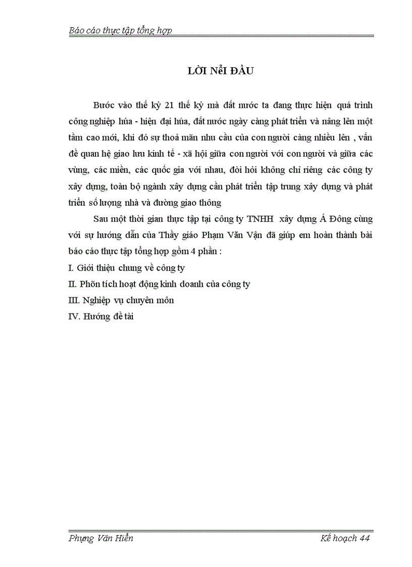 Báo cáo thực tập tổng hợp tại công ty TNHH xây dựng Á Đông