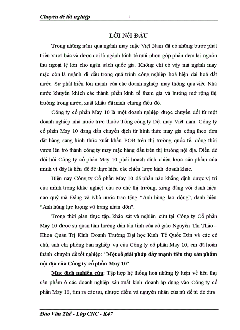 Một số giải pháp đẩy mạnh tiêu thụ sản phẩm nội địa của Công ty cổ phần May 10 1