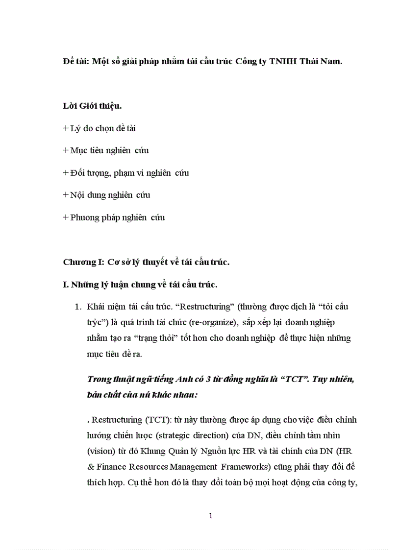 Một số giải pháp nhằm tái cấu trúc Công ty TNHH Thái Nam 1