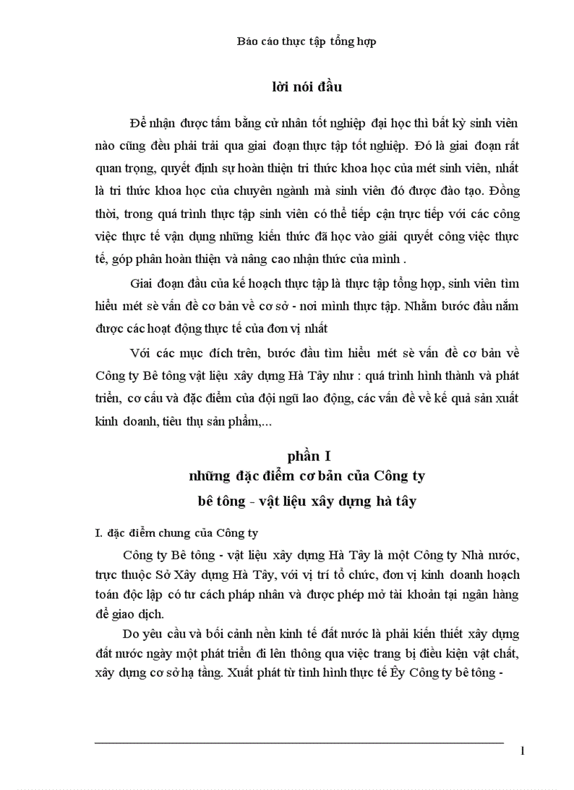 Báo cáo thực tập tổng hợp tại Công ty Bê tông vật liệu xây dựng Hà Tây