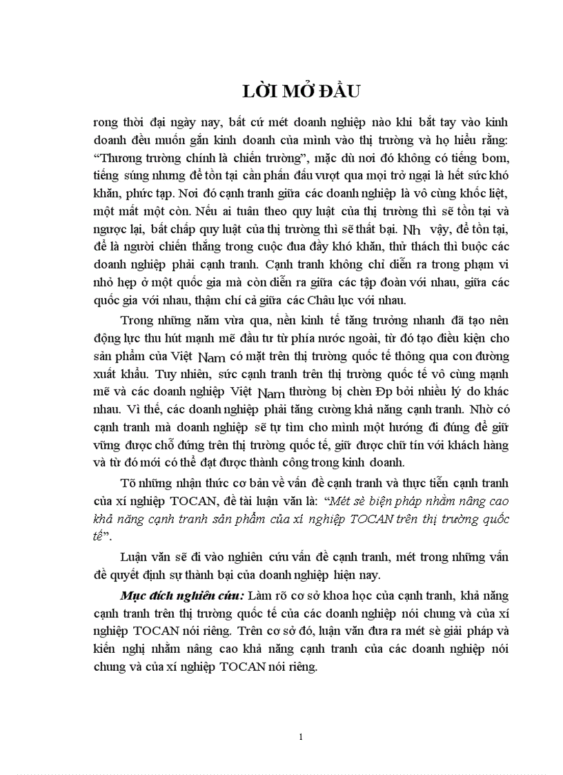 Một số biện pháp nhằm nâng cao khả năng cạnh tranh sản phẩm của xí nghiệp TOCAN trên thị trường quốc tế 1