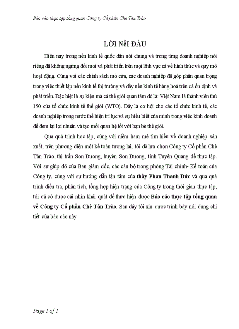 Báo cáo thực tập tổng quan Công ty Cổ phần Chè Tân Trào