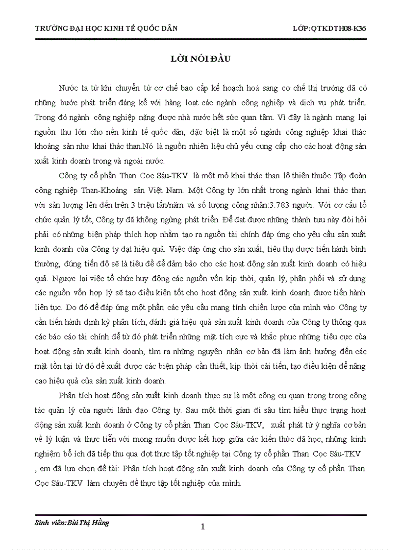 Phân tích hoạt động sản xuất kinh doanh của Công ty cổ phần Than Cọc Sáu-TKV