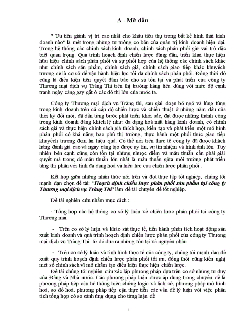 Hoạch định chiến lược phân phối sản phẩm tại công ty Thương mại dịch vụ Tràng Thi 1