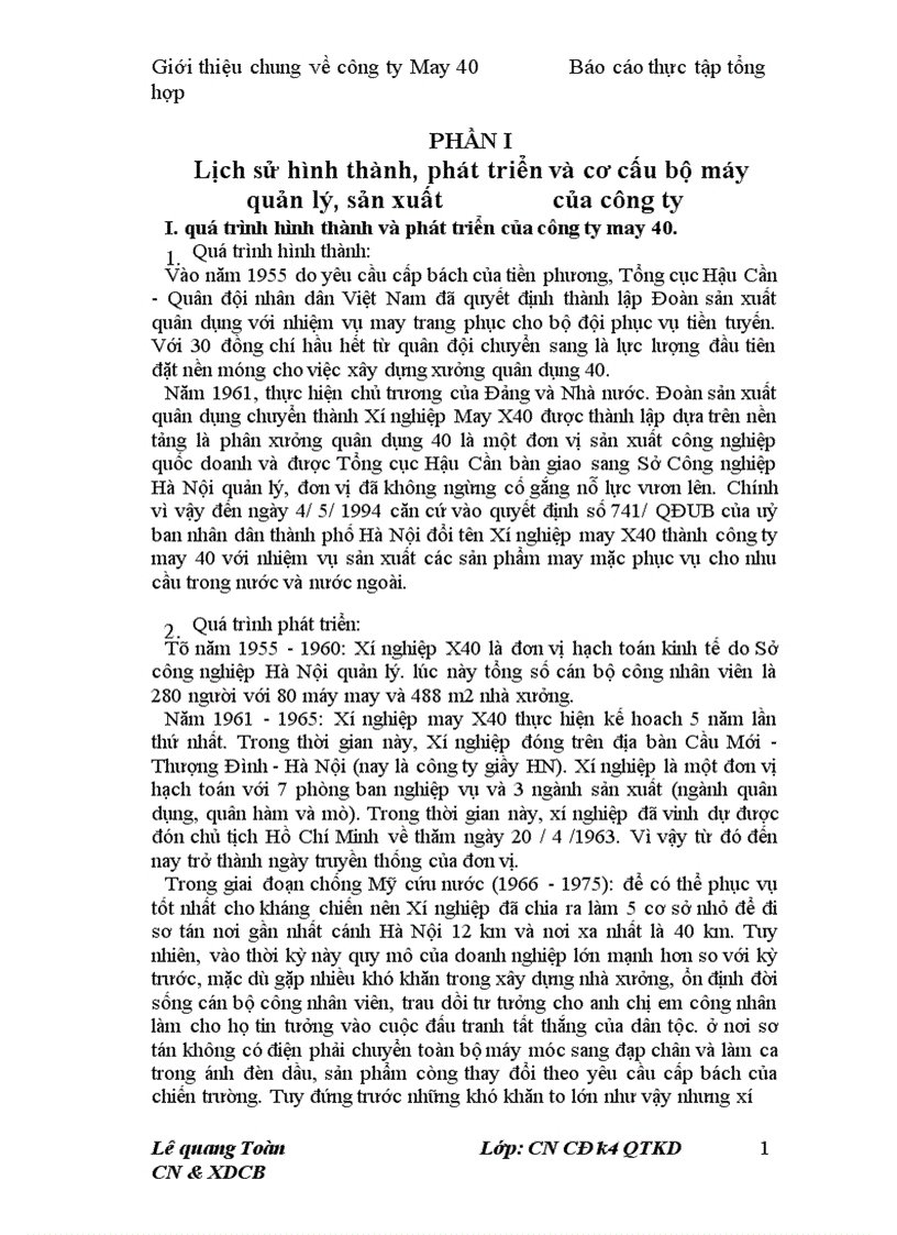 Báo cáo thực tập tổng hợp tại công ty may 40