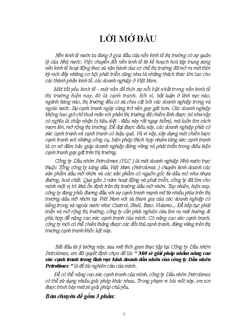 Một số giải pháp nhằm nâng cao sức cạnh tranh trong lĩnh vực kinh doanh dầu nhờn của công ty Dầu nhờn Petrolimex 1