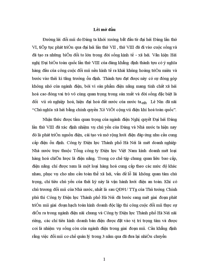 Một số biện pháp nhằm đẩy mạnh hoạt động kinh doanh điện ở Công ty Điện lực Thành phố Hà Nội 1