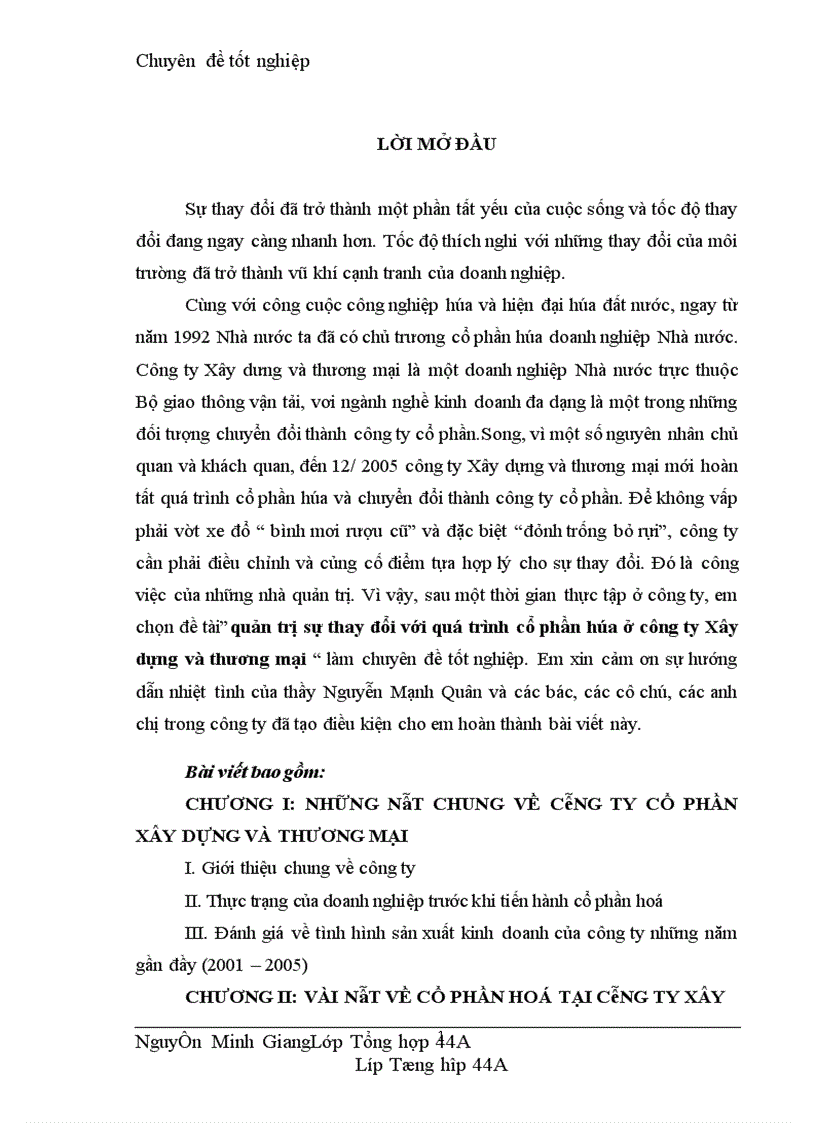 quản trị sự thay đổi với quá trình cổ phần hóa ở công ty Xây dựng và thương mại 1
