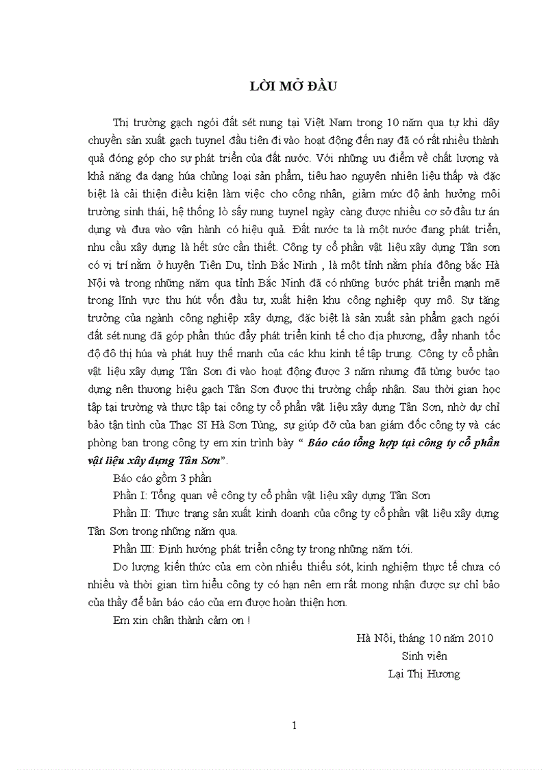 Báo cáo tổng hợp tại công ty cổ phần vật liệu xây dựng Tân Sơn 1