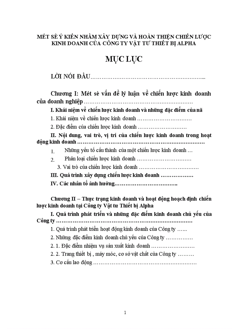 Thực trạng kinh doanh và hoạt động hoạch định chiến lược kinh doanh tại Công ty Vật tư Thiết bị Alpha 1