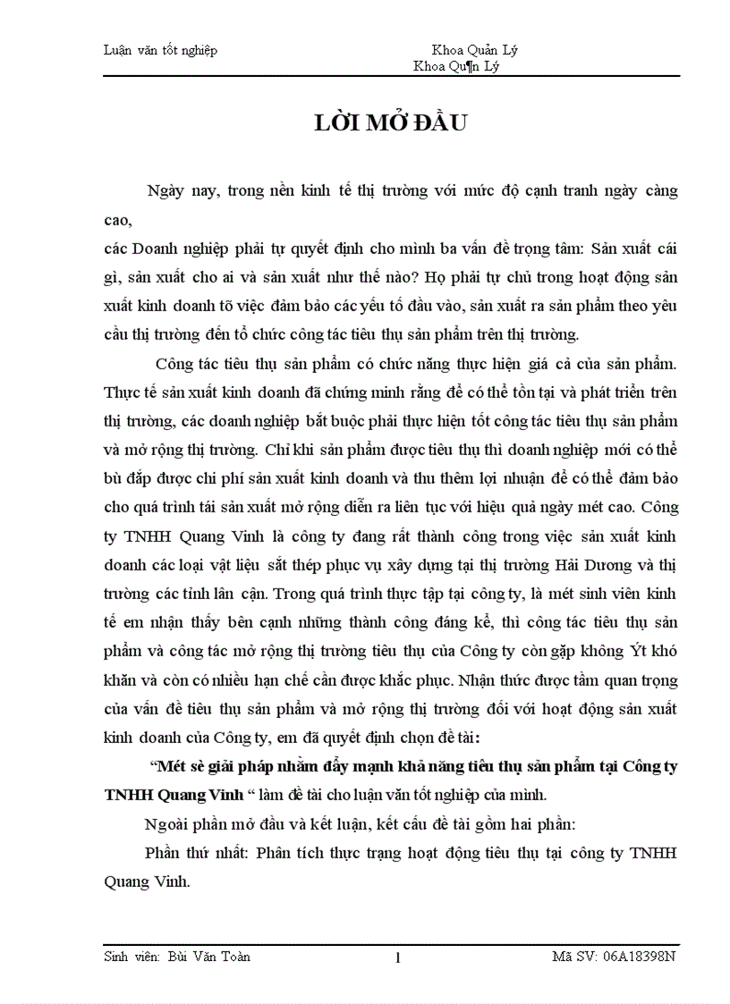 Một số giải pháp nhằm đẩy mạnh khả năng tiêu thụ sản phẩm tại Công ty TNHH Quang Vinh 1